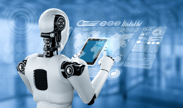 Robô humanóide usando computador tablet para big data analytic - Foto, Imagem