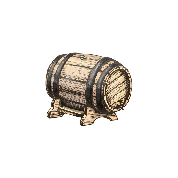 木製の樽だ。白を基調としたヴィンテージハッチングカラーの手描きイラスト - ベクター画像