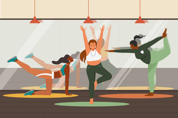 Az emberek jógáznak a tornateremben, gyakorolják a testmozgást és meditálnak az oktatóval - Vektor, kép