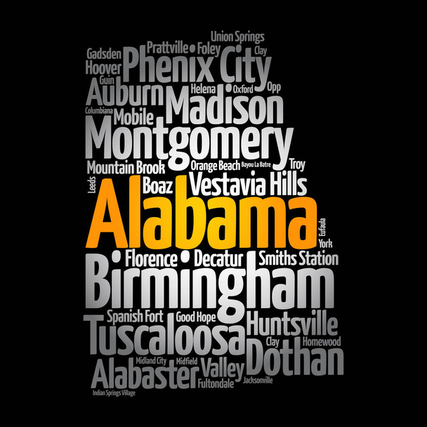 Lista de ciudades en Alabama, Estados Unidos, mapa silueta palabra nube mapa concepto - Foto, Imagen
