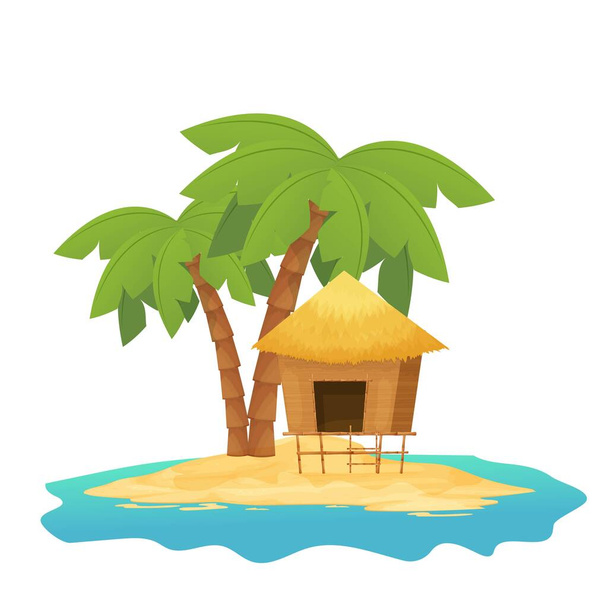 Пляжна хатина або бунгало з солом'яним дахом, дерев'яні на тропічному острові з пальмою в мультиплікаційному стилі ізольовані на білому тлі. Бамбукова кабіна, невеликий будинок екзотичний об'єкт. Векторні ілюстрації
 - Вектор, зображення