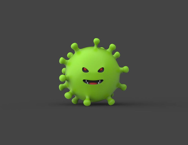 Coronavirus nCoV 3D Render Cartoon-Modell mit bösen niedlichen Gesicht isoliert blauen Hintergrund. - Foto, Bild