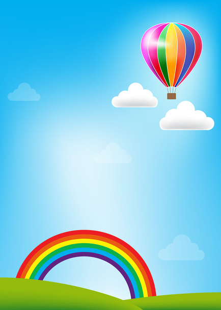 Balloon and rainbow on blue sky background - Vector, Image