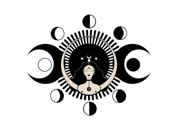 Wicca női ikon, a holdfázisok hármas istennőjének szimbóluma. Triple Moon vallási Wicca jel. Neopaganizmus logó. Holdnaptár ciklusok. Új, Telihold, Szárnyaló Félhold, Első és Utolsó Negyedév. Izoalizált vektor - Vektor, kép