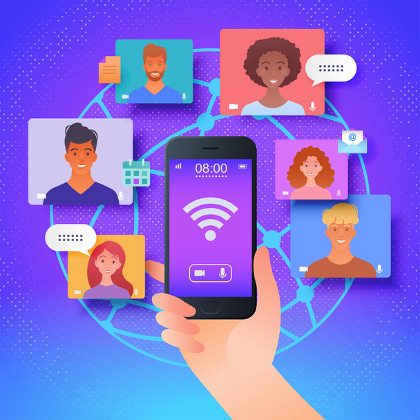 Virtuális online kommunikáció mobil alkalmazás platform illusztráció. Az okostelefon chat használata kollégáival vezeték nélküli hálózaton keresztül online - Vektor, kép