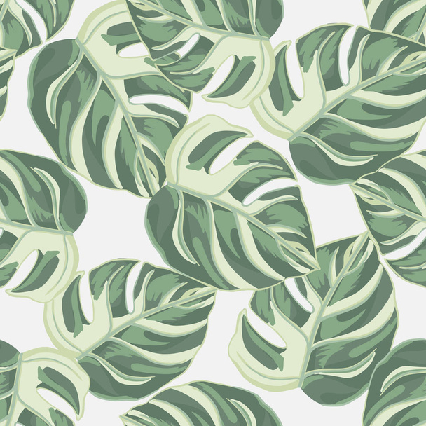 Tropical seamless pattern on white background. Abstract texture decoration with leaf monstera light green color. Fashion of summer nature jungle for print. Vector illustration design. - Vector, Image