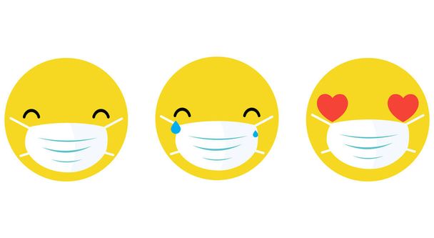 Žlutý emotikon v ochranné lékařské masce. na bílém pozadí - Vektor, obrázek