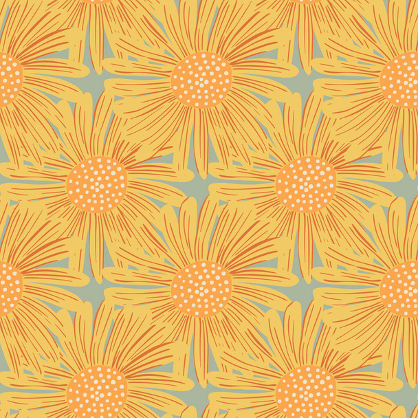Kesällä aurinkoinen saumaton kuvio oranssi vaalean päivänkakkara kukka nuppu siluetteja. Pastellin sininen tausta. Tasainen vektori tulostaa tekstiili, kangas, lahjapapereita, taustakuvia. Loputon kuvitus. - Vektori, kuva