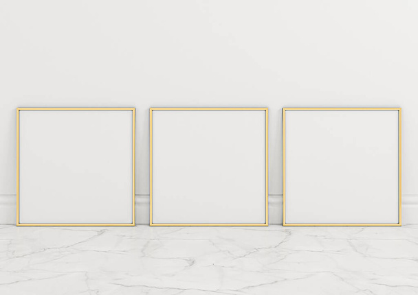 Modello Triple 8x8 Square Gold Frame su pavimento in marmo e parete bianca. Mockup con cornice a tre poster vuoti su pavimento in marmo e sfondo bianco. Rendering 3D - Foto, immagini