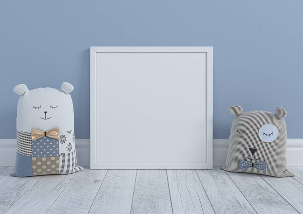 Single 10x10 Square White Frame mallinnus lastentarhaan tai lastenhuoneeseen leluilla valkoisella puulattialla ja sinisellä seinällä. Yksi tyhjä juliste runko mallinnus lastentarha tai lasten huoneeseen leluja valkoinen puulattia ja sininen tausta. 3D-renderointi - Valokuva, kuva