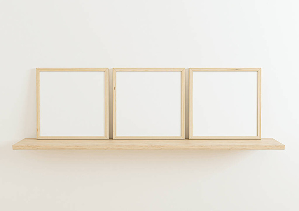 Τρίκλινο 10x10 Square ξύλινο πλαίσιο mockup σε ξύλινο ράφι και λευκό τοίχο. Τρεις κενές αφίσες καρέ mockup σε ξύλινο ράφι και λευκό φόντο. 3D απόδοση - Φωτογραφία, εικόνα