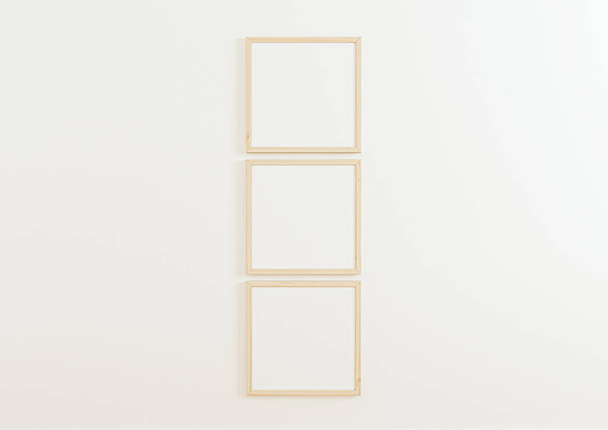Triple 10x10 Square Wooden Frame mockup on white wall. Three empty poster frame mockup on white background. 3D Rendering - Foto, Imagem