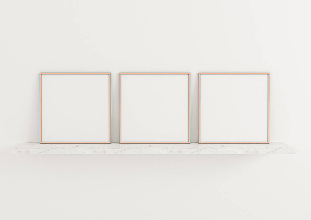 Triple 10x10 Square Rose Gold Frame-Attrappe auf Marmorregal und weiße Wand. Drei leere Plakatrahmen-Attrappen auf Marmorregal und weißem Hintergrund. 3D-Rendering - Foto, Bild