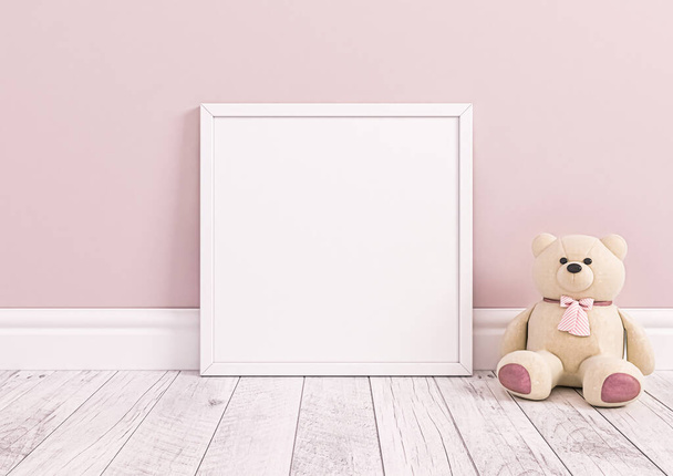 Yhden 10x10 Square White Frame mallinnus lastentarha tai lasten huoneeseen nallekarhu valkoinen puulattia ja vaaleanpunainen seinä. Yksi tyhjä juliste runko mallinnus lastentarha tai lasten huone nallekarhu valkoinen puulattia ja vaaleanpunainen tausta. 3D-renderointi - Valokuva, kuva