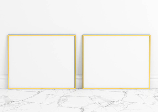 Modello doppio 8x10 Horizontal Gold Frame su pavimento bianco e parete bianca. Mockup con cornice a due poster vuoti su pavimento in marmo e sfondo bianco. Rendering 3D - Foto, immagini