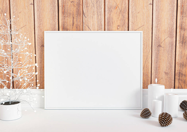 Beyaz zemin ve kırsal ahşap duvarda noel süslemeleri olan tek parça 8x10 Yatay Beyaz Çerçeve. Beyaz zeminde Noel süslemeleri olan boş bir poster modeli ve ahşap kaplama. 3B Hazırlama - Fotoğraf, Görsel