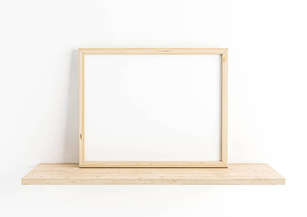 Single 8x10 Vaaka Puurunko mockup puinen hylly ja valkoinen seinä. Yksi tyhjä juliste runko mockup puinen hylly ja valkoinen tausta. 3D-renderointi - Valokuva, kuva