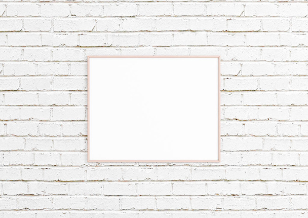 Single 8x10 Horizontal Pink Frame maqueta con decoraciones en la pared de ladrillo blanco. Un marco de cartel vacío maqueta con decoraciones sobre fondo de ladrillo blanco. Renderizado 3D - Foto, Imagen