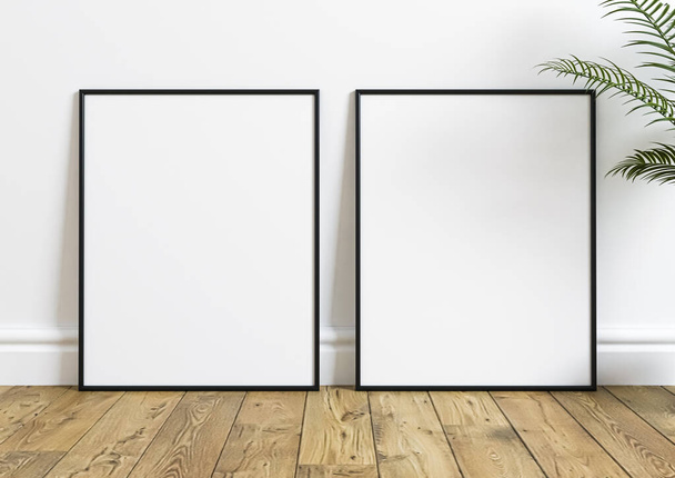 Double 8x10 vertical Black Frame mockup on wooden floor and plant leaves. Empty picture frame mockup on wooden floor and white background. 3D Rendering.  - Photo, Image