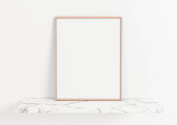 Single 8x10 Vertical Rose Gold Frame maqueta en estante de mármol y pared blanca. Una maqueta vacía del marco del cartel en el estante de mármol y el fondo blanco. Renderizado 3D - Foto, imagen