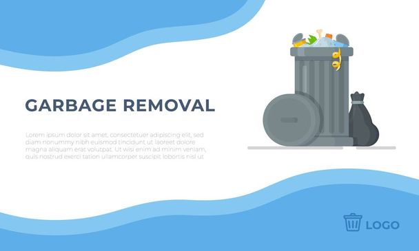 Gray trash can on blue and white background.  Site for ordering garbage collection service. Vector illustration of paper trash. Garbage collection for recycling into fertilizer. - Vector, Image