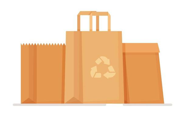 Ilustración vectorial de tres bolsas de papel ambientales. Bolsas y sacos ecológicos reciclables. Compra de comestibles en el supermercado. Compras en las tiendas. - Vector, Imagen