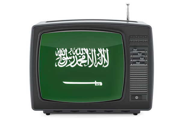 Saudi-Arabisches Fernsehkonzept. Fernseher mit Flagge Saudi-Arabiens. 3D-Rendering isoliert auf weißem Hintergrund - Foto, Bild