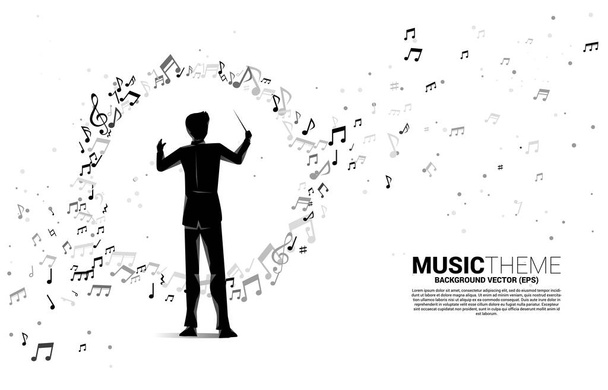 Silhouette vectorielle du chef d'orchestre avec note de mélodie musicale dansant flux. Concept de fond pour concert de musique classique et de loisirs. - Vecteur, image
