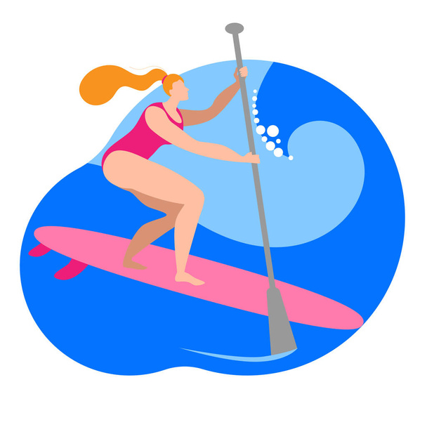 Una chica en traje de baño con una paleta se para en una tabla de surf. - Vector, imagen