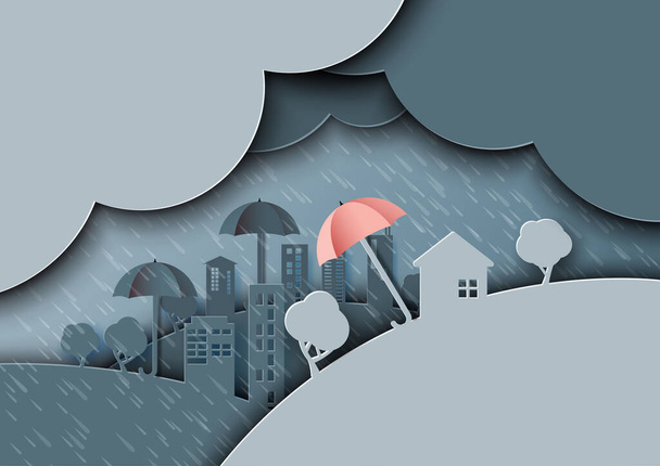 市内の雨の日。雨期のモンスーンの背景と傘の紙のアートスタイル。. - ベクター画像
