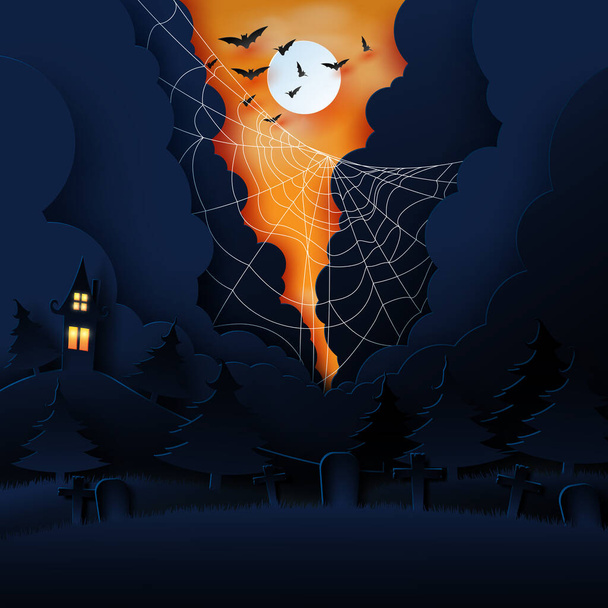 Paper art of halloween night background.Dark castle and full moon with spider web and cloud.Vector illustration. - Vector, Image