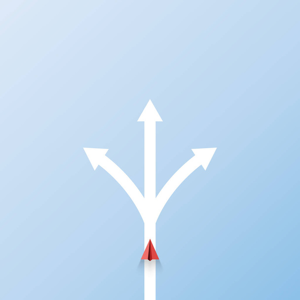 Zakelijke beslissing en leiderschap concept met rood papier vliegtuig vliegen boven de pijl drie weg kruising papier kunst stijl.Vector illustratie. - Vector, afbeelding