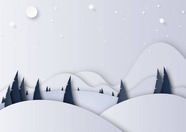 Paisaje de temporada de invierno con nieve, bosque de pinos y montañas para feliz Navidad y feliz año nuevo fondo papel estilo de arte.. - Vector, Imagen