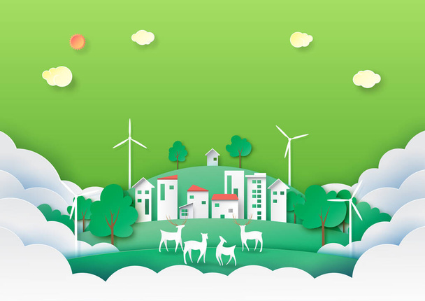 Green energy and eco city of nature landscape with ecology and environment concept paper art style.Vector illustration. - Vector, Image