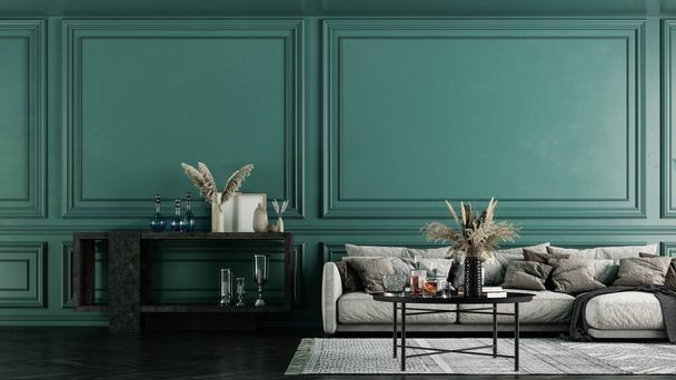 Modern interior design for home, office, interior details, upholstered furniture on the background of a dark green classic wall. - Photo, Image