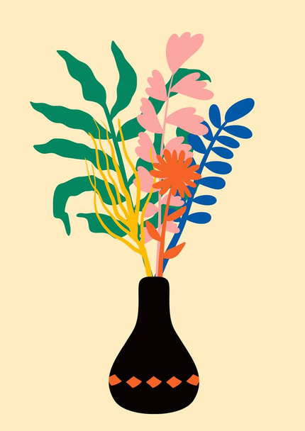 Affiche abstraite de vase de fleurs. Minimal papier peint floral du milieu du siècle pour la décoration de style contemporain. Illustration d'art vectoriel - Vecteur, image