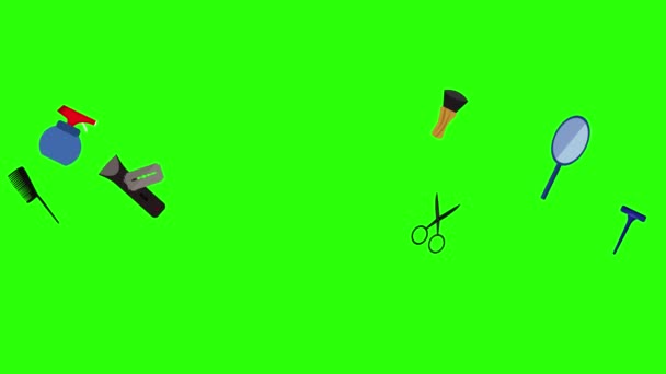 Nástroje holičství ploché prvky animace na zelené obrazovce chroma key - Záběry, video