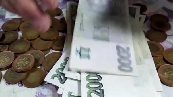 Una vista de la mano de un hombre que cuenta una pila de dos mil billetes checos, con 1000 coronas de billetes y monedas checas libremente espaciadas en el fondo  - Metraje, vídeo