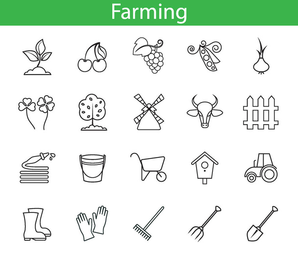 набор с векторными простыми линейными иконками фермерской и сельскохозяйственной культуры, рисуя абстрактную иконку логотипа изолированного черного на белом фоне - Фото, изображение