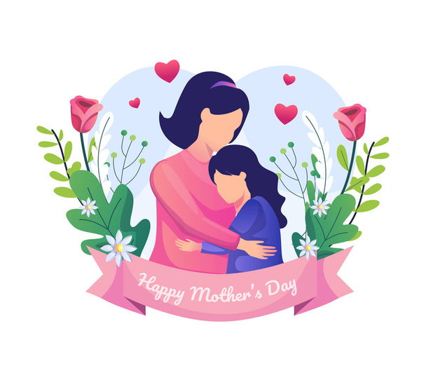Mother and her daughter are hugging. Happy Mother's Day Greeting flat vector illustration - Vector, Image