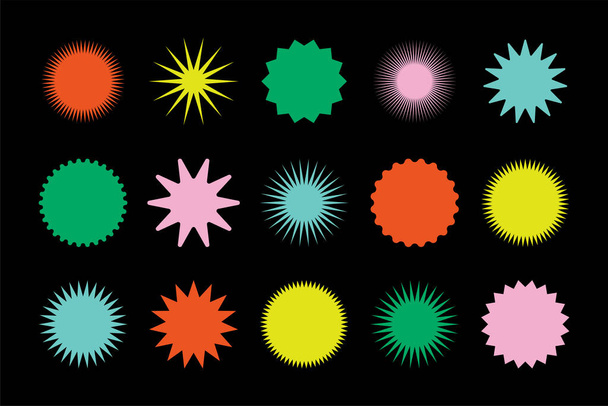 Geometrik yıldız patlaması şekilli çıkartmalar. Renkli pullar, yıldızlar, yuvarlak amblemler. Parlak semboller, vektör içindeki rozetler - Vektör, Görsel
