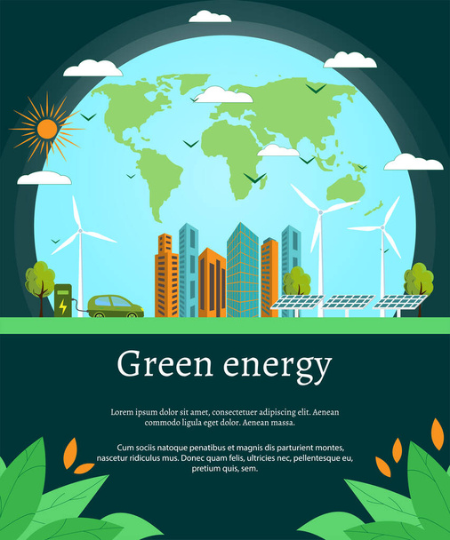 Yeşil enerji kavramı, yeşil şehir - yenilenebilir, alternatif enerji kaynakları. Duyuru için vektör şablonu, reklam, sosyal medya, internet. Metin için yer - Vektör, Görsel