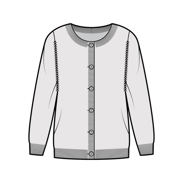 Cardigan col rond illustration de mode technique avec fermeture à bouton, manches longues, oversize, longueur de hanche, garniture tricotée - Vecteur, image