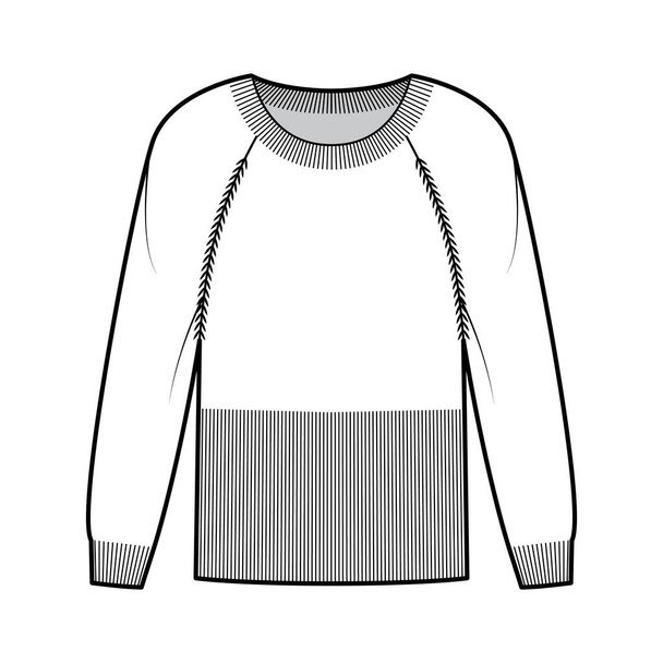 Maglione in vita illustrazione tecnica di moda con costola collo rotondo, maniche lunghe raglan, corpo montato, lunghezza del fianco, assetto - Vettoriali, immagini