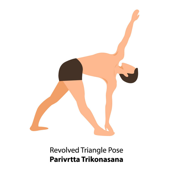 Ο άνθρωπος που ασκεί γιόγκα θέτει απομονωμένη διανυσματική εικονογράφηση. Άνθρωπος στέκεται σε περιστρεφόμενο τρίγωνο Pose ή Parivrtta Trikonasana, Yoga Asana icon - Διάνυσμα, εικόνα