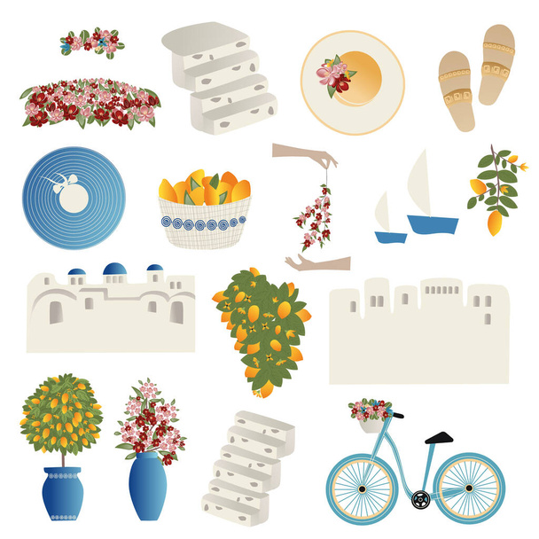 Clipart, set vectorillustraties zomerreisconcept. Abstracte plaats, fruit, bloemen en reisartikelen. Reizen Vector illustraties en ontwerp - Vector, afbeelding