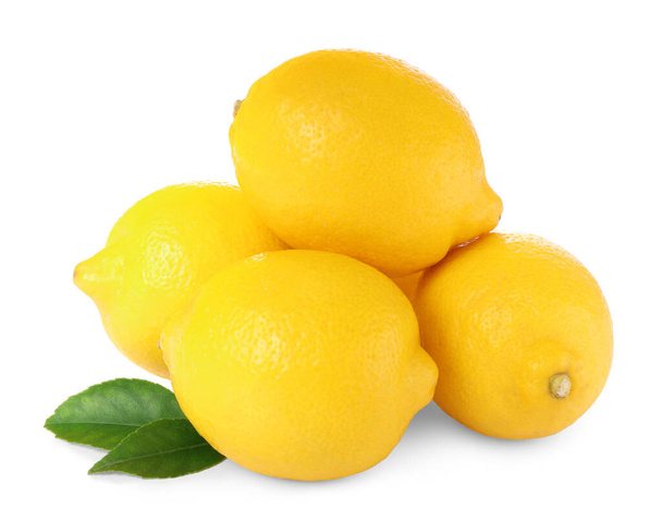 Fresh ripe lemons with green leaves isolated on white - Foto, Imagen