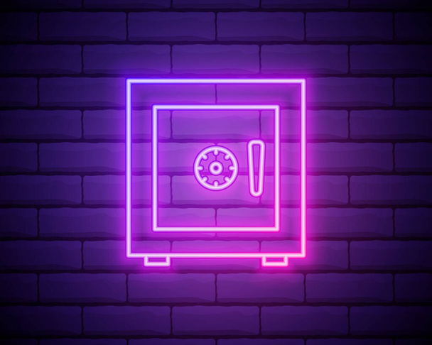Glowing neon line Safe icon isolated on brick wall background. The door safe a bank vault with a combination lock. Reliable Data Protection. Colorful outline concept. Vector. - Vector, Image