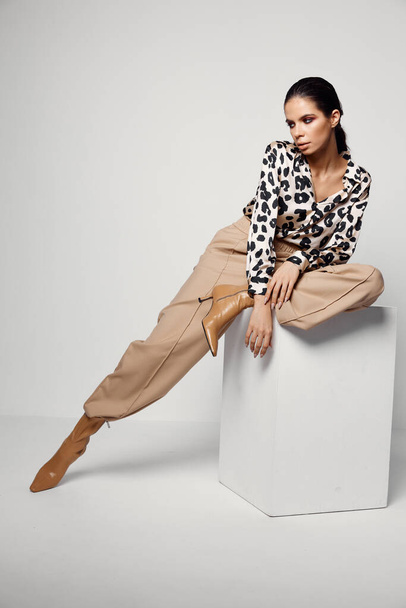 woman model appearance bright makeup leopard shirt studio - Photo, Image