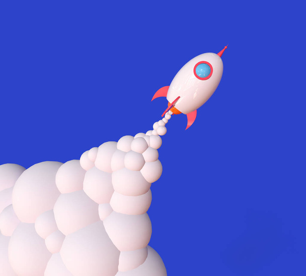 ビジネスのスタートアップとモチベーションの概念は、漫画のロケットはトレンディ3Dイラストを離陸. - 写真・画像